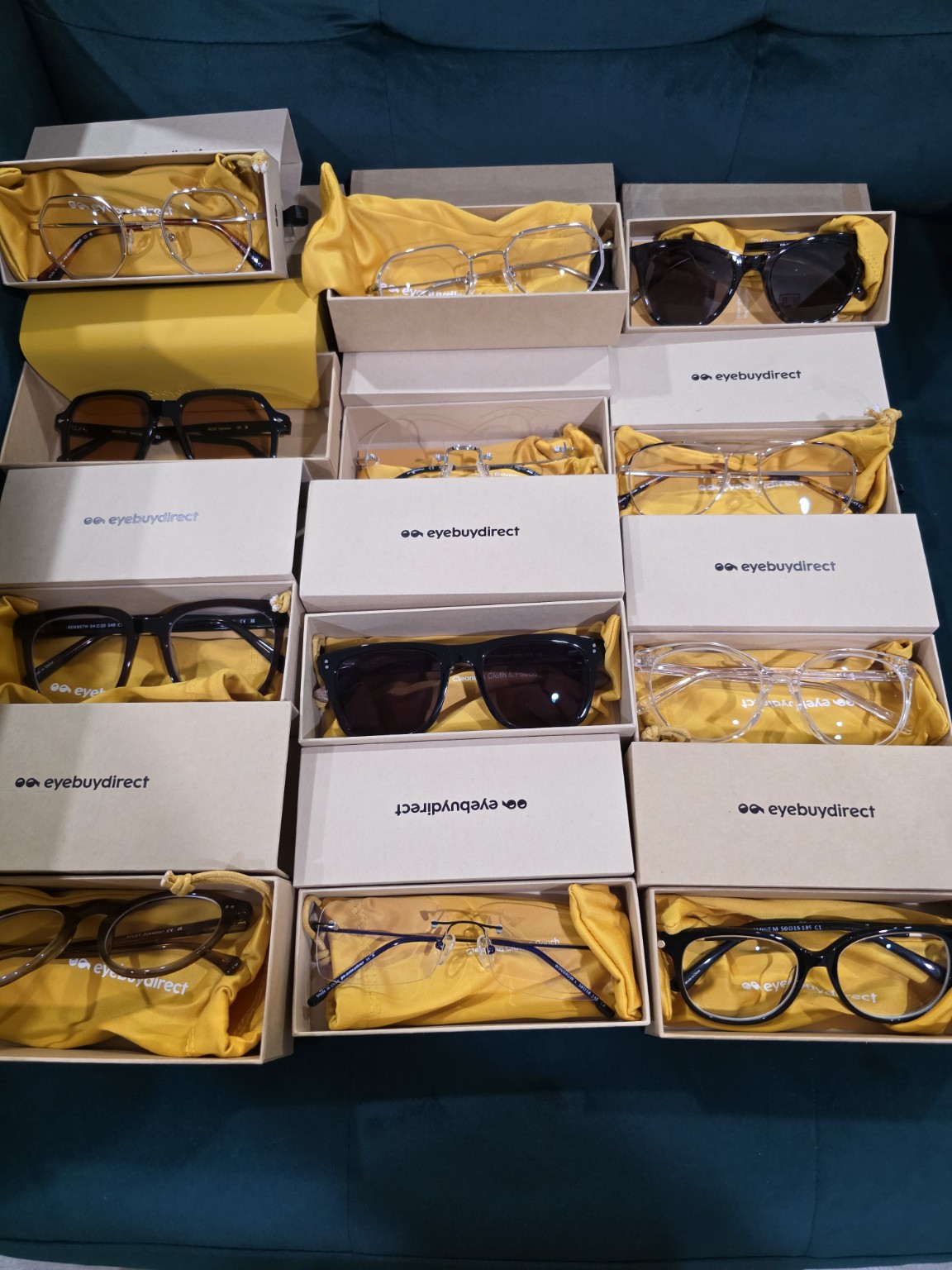 A selection of EyeBuyDirect eyeglasses and sunglasses purchased as resale inventory