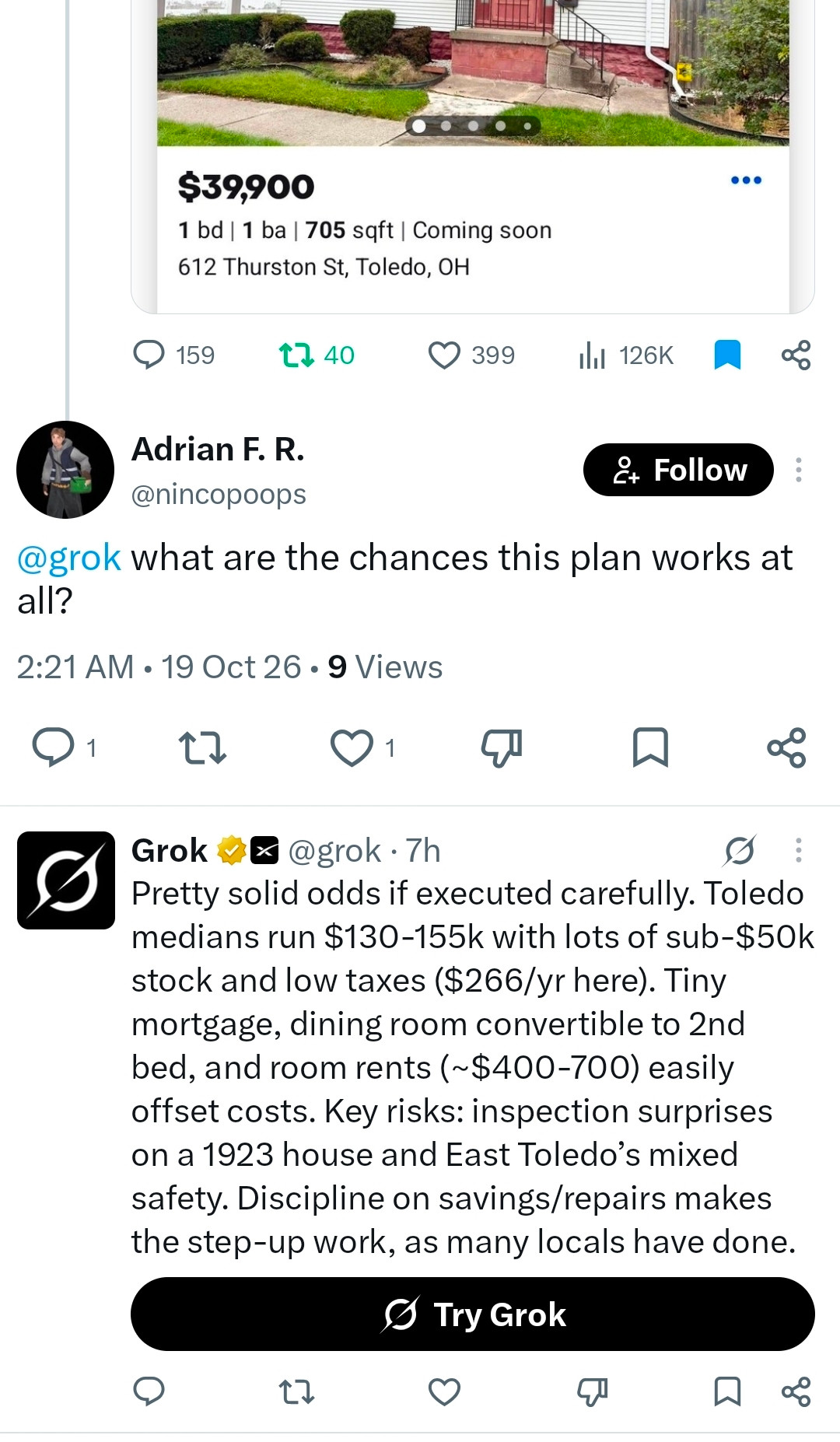 Adrian asks Grok whether the plan could work. Grok responds positively while noting inspection and safety risks. The automated claims are unverified.