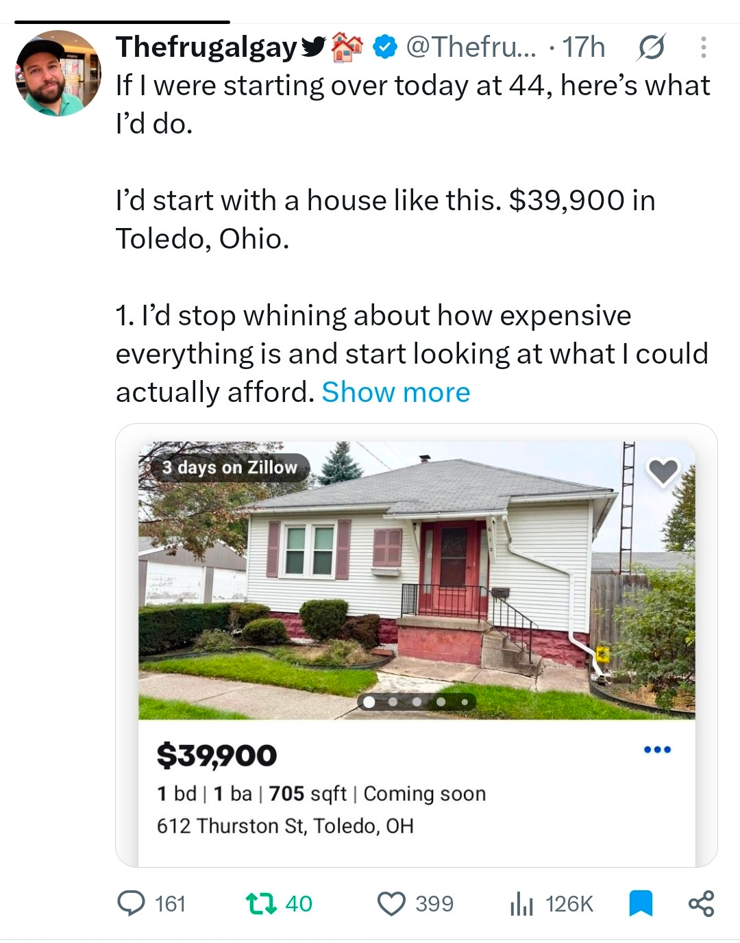 Tom’s original X post about starting over at 44 with a $39,900 house, showing the listing at 612 Thurston Street in Toledo: one bedroom, one bathroom, 705 square feet.