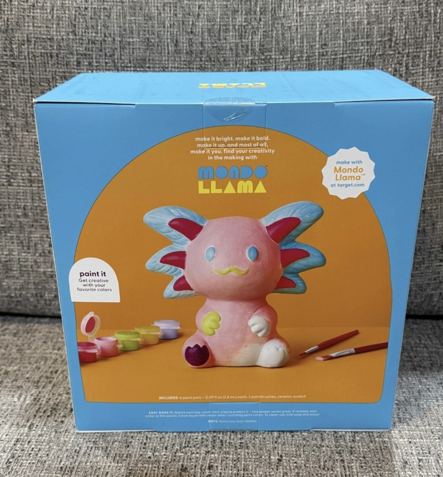 A colorful Mondo Llama paint-your-own axolotl kit found while browsing at Target