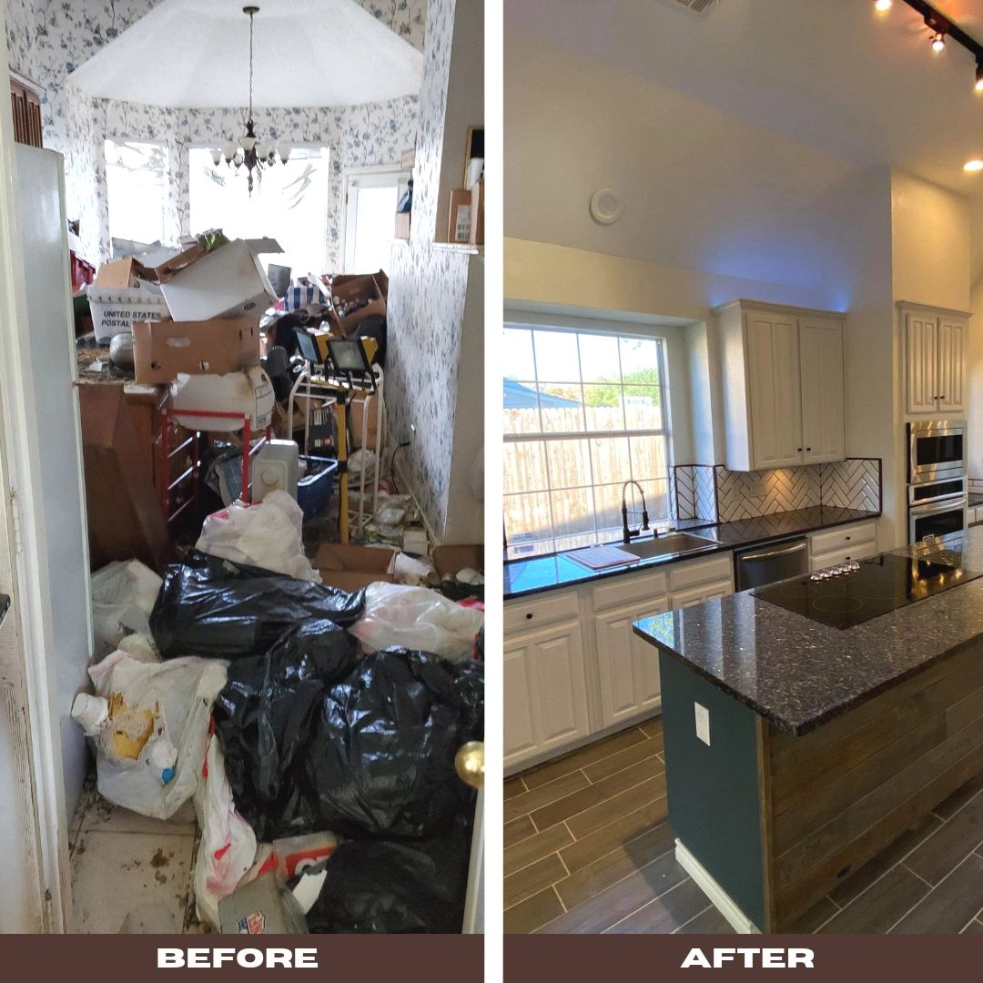 A severely cluttered kitchen before renovation and the completed kitchen after renovation