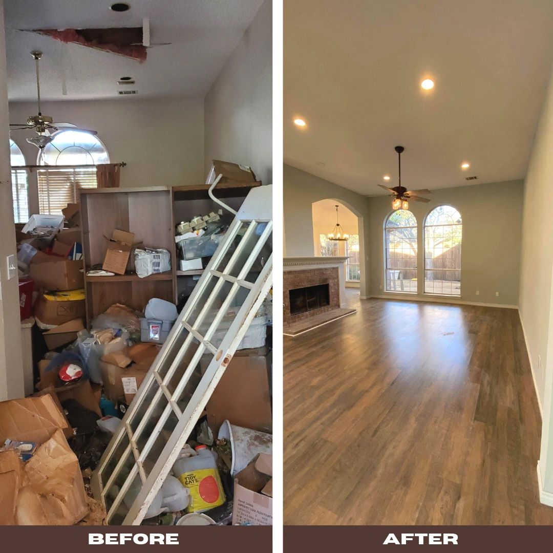 A damaged cluttered living room before renovation and the restored room after renovation