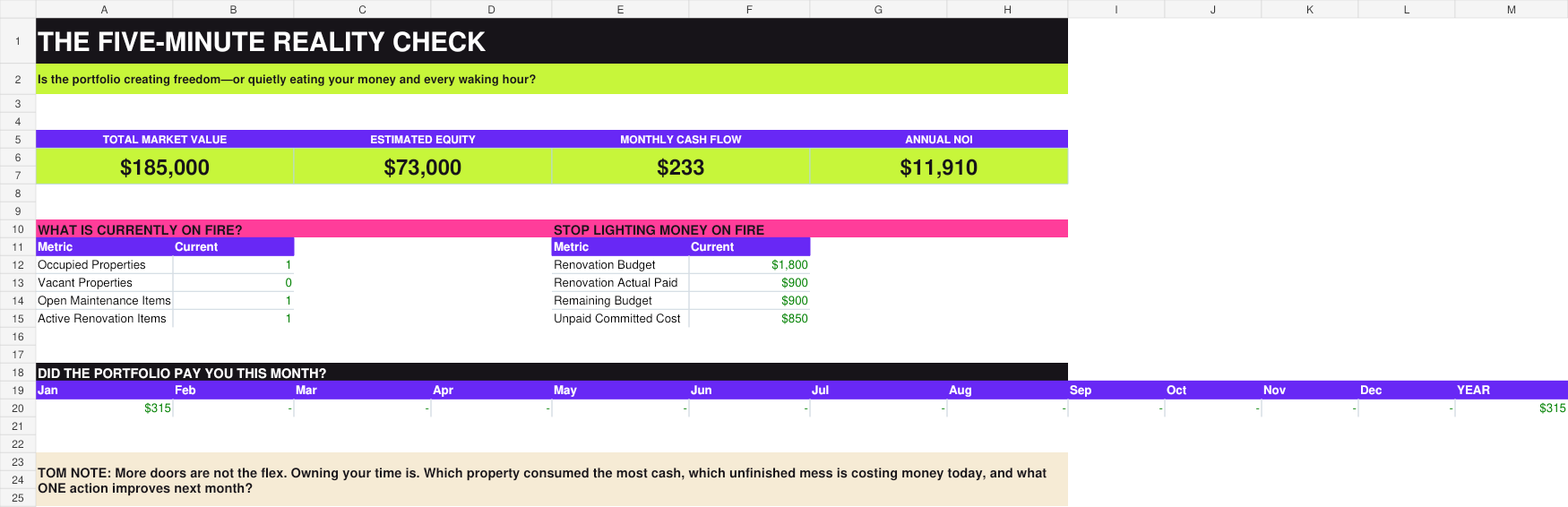 Rental Property Reality Check Excel dashboard preview